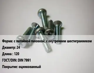 Винт с потайной головкой, с внутренним шестигранником 24х120 DIN 7991 оцинкованный